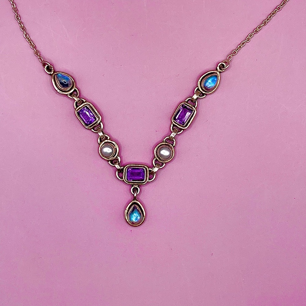 Sterling Silver Necklace with Amethyst, Moonstone, and Pearl Gemstone SLG